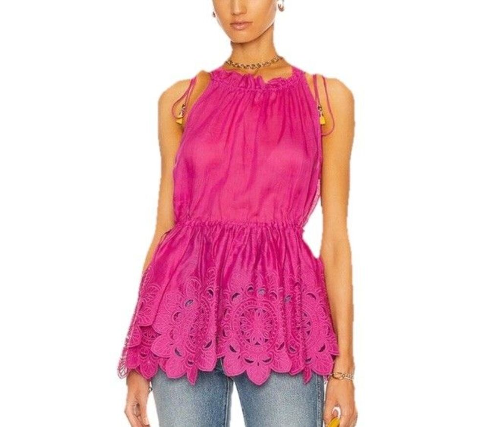 ZIMMERMANN Teddy Scallop Tie Top Pink Fuchsia Blouse Size 2